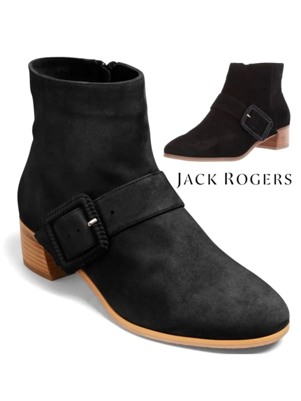 Jack Rogers Izzie Black Suede Ankle Boots Block Heel Round Toe Leather Booties 7